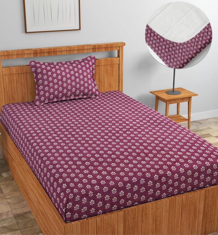 Image of NEW LEAF Premium Cotton Elastic Fitted Bedsheets with 1 Pillow Covers |Printed Single Bed Elastic 220 TC Supersoft Breathable & Wrinklefree | for 72x36+6 Inches, Bargandi