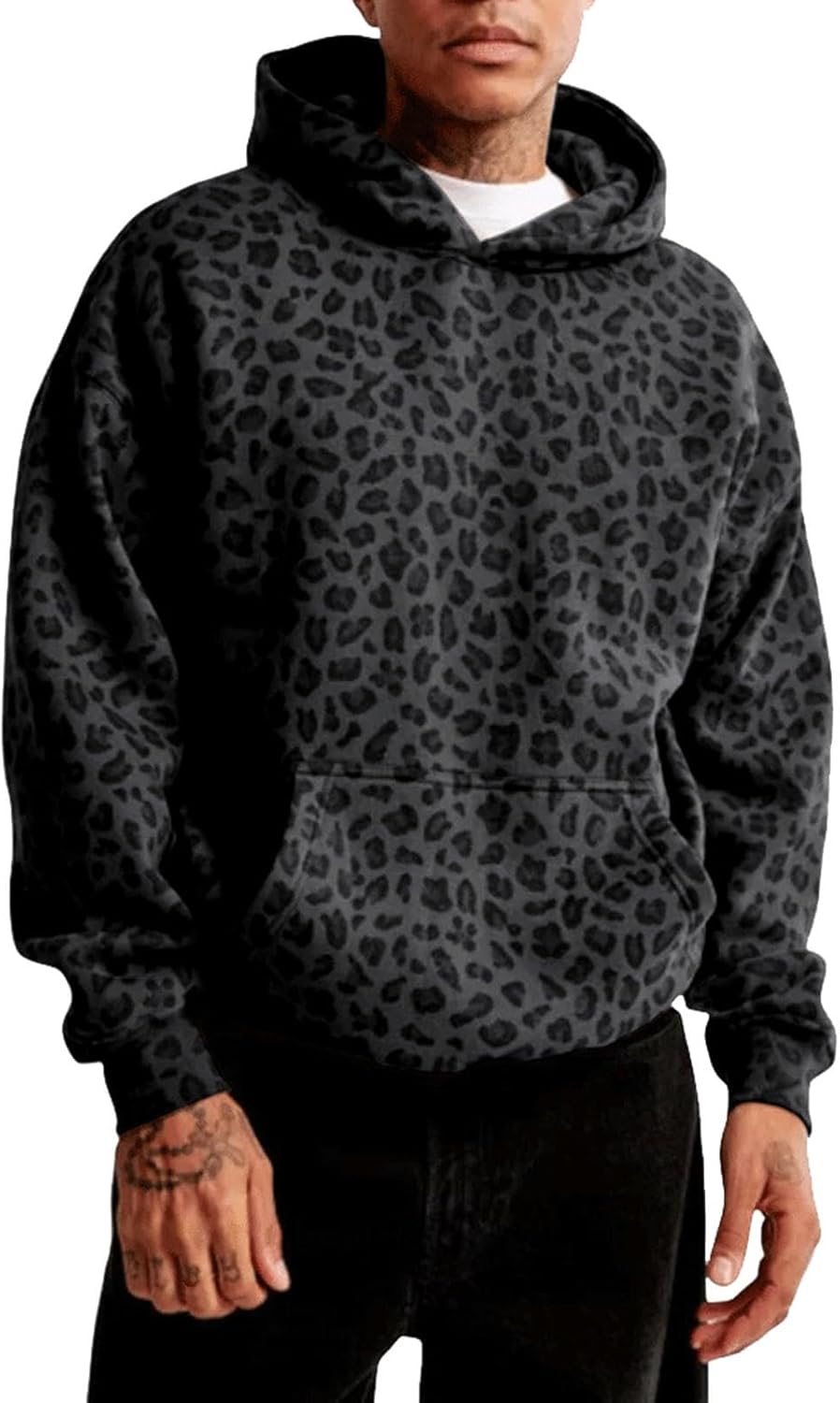 Men's Y2K Leopard Cheetah Print Hoodie - Oversized Vintage Streetwear Sweatshirt, Long Sleeve Pullover with Pockets