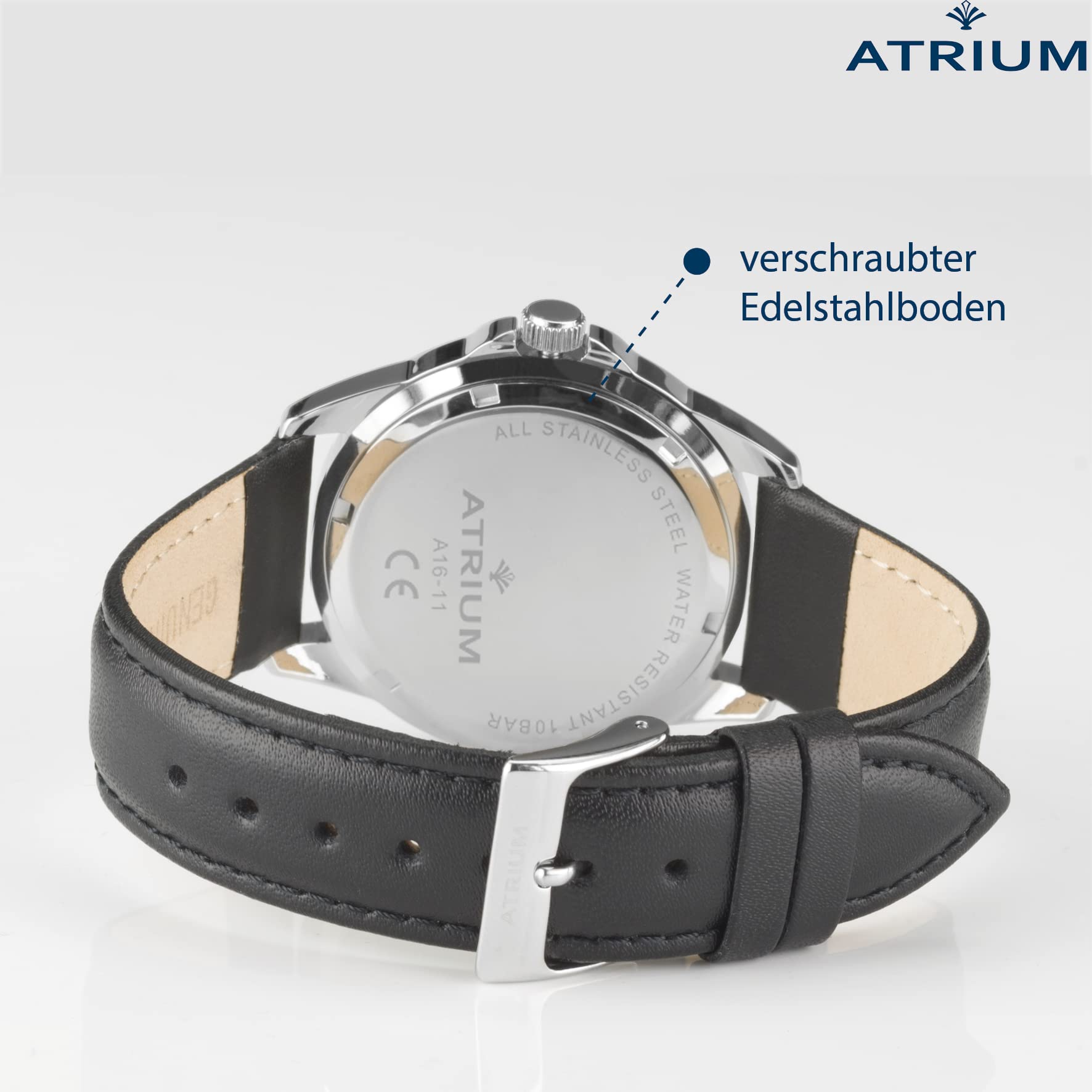 Atrium Herren-Armbanduhr Edelstahl silberfarben Analog Quarz 10 bar mit Datum, Leuchtzeiger, Leuchtziffern, sehr deutliches Zifferblatt Schwarz und Lederband schwarz A16-11