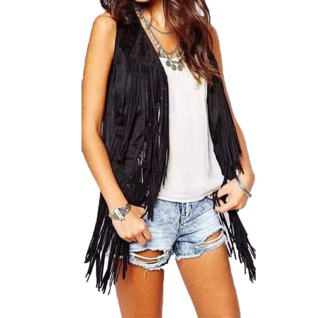 Gilet da donna, stile hippie, senza maniche, con frange, in finta pelle scamosciata, con nappe vintage