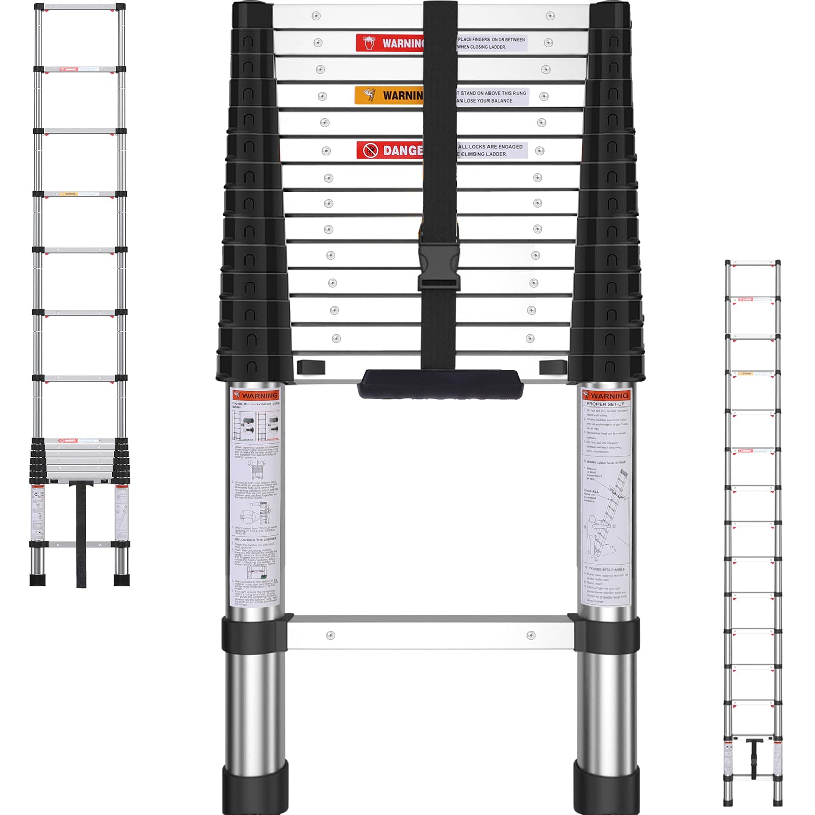 Telescoping Ladder, 14.5FT One Button Retraction Stainless Steel Telescopic Ladder with Non-Slip Feet, Slow Down Design Multi-Purpose Compact Collapsible Extension Ladder for Homeuse RV Attic