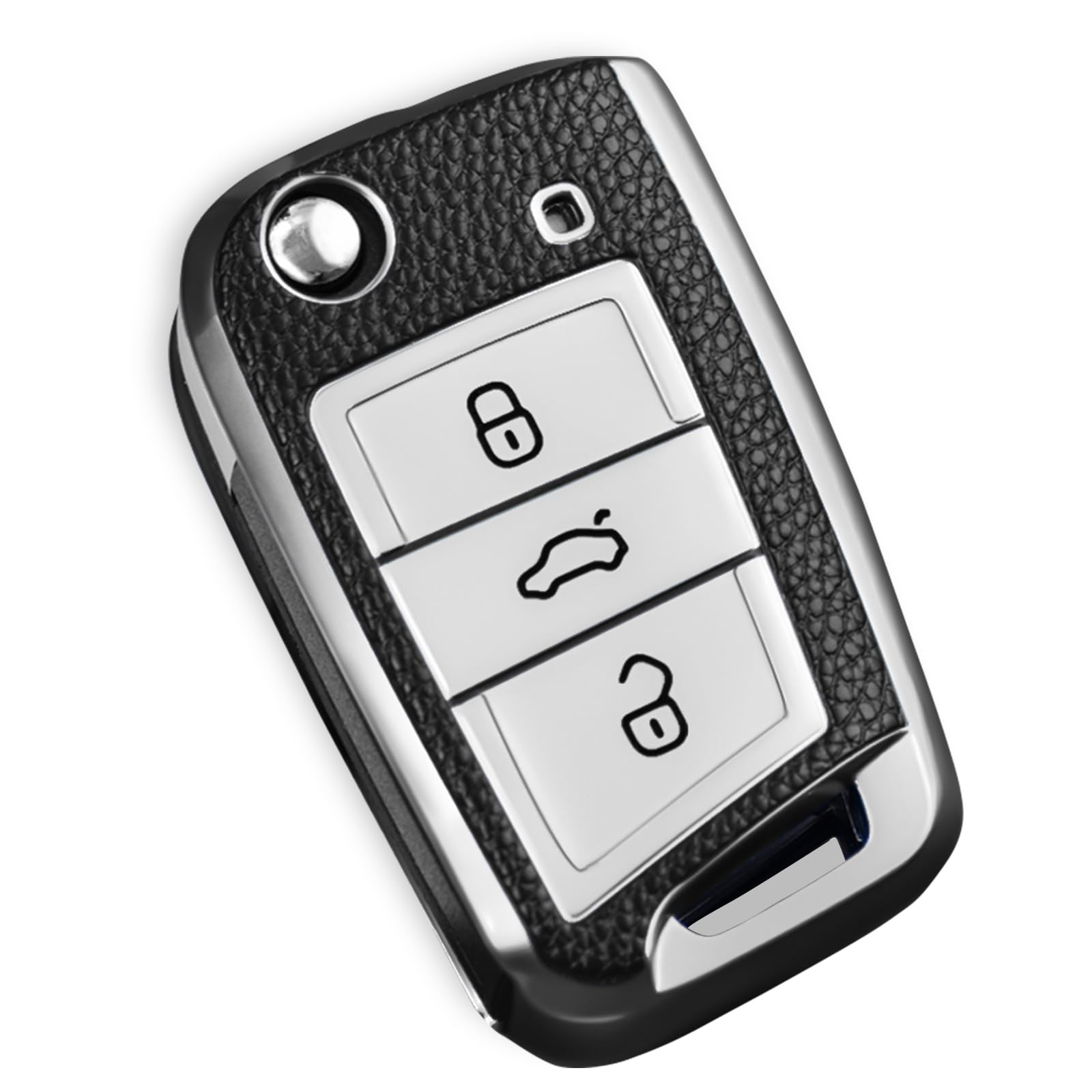 PANPHEN Car Key Cover for VW Golf 7 mk7, VW Key Case Suitable for Polo, Seat, Skoda, 3 Buttons TPU Protective VW Key Case (Leather-Silver)