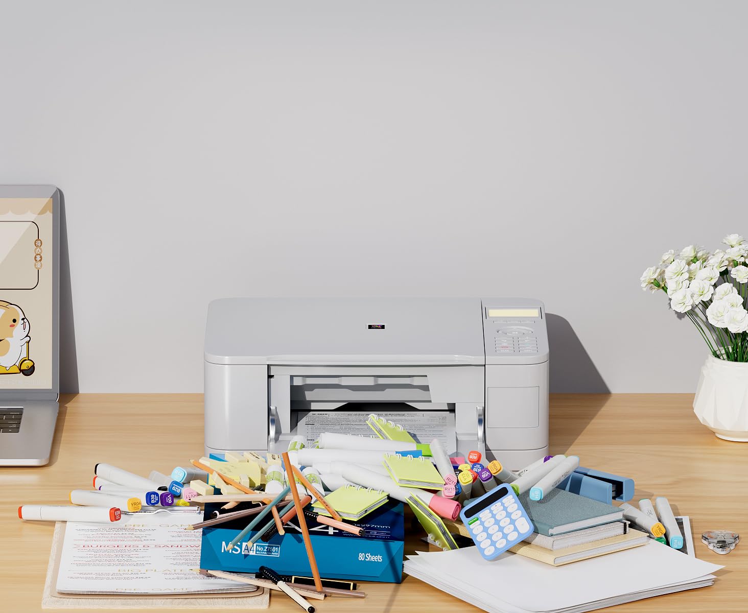 Monitorstandaard met 3-laags zij-opbergrek en 2-laags computermonitor