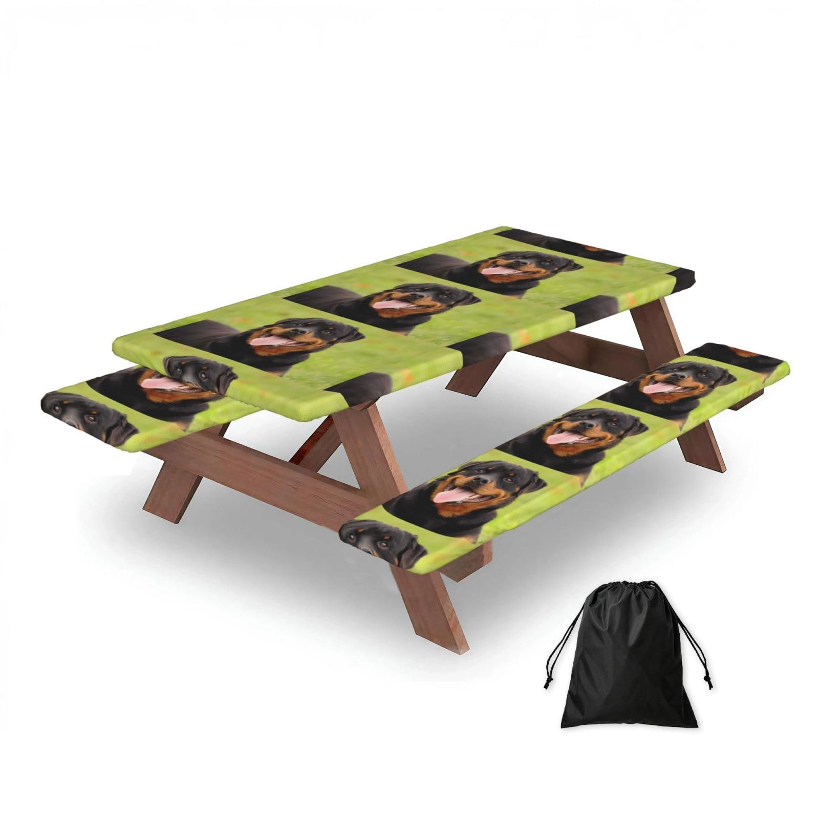 Dopklna As Picture Rottweiler Printed, Picnic Table Cover With Bench Covers -Waterproof Elastic Fitted Tablecloth For Garden Camping Patio 76X152cm