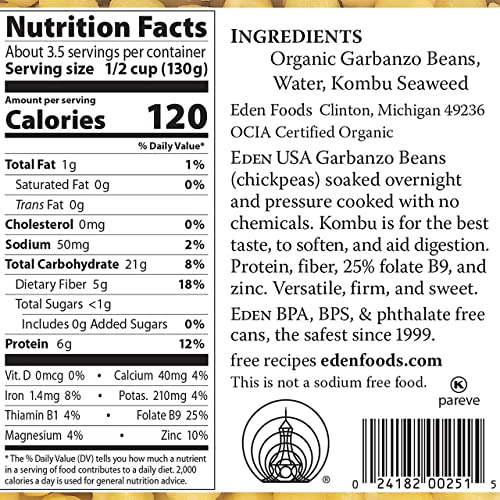 Eden 00375667 Organic Garbanzo Beans, Chickpeas, 15 Oz Can (12-Pack Case), No Salt Added, Non-Gmo, Gluten Free thumb #1