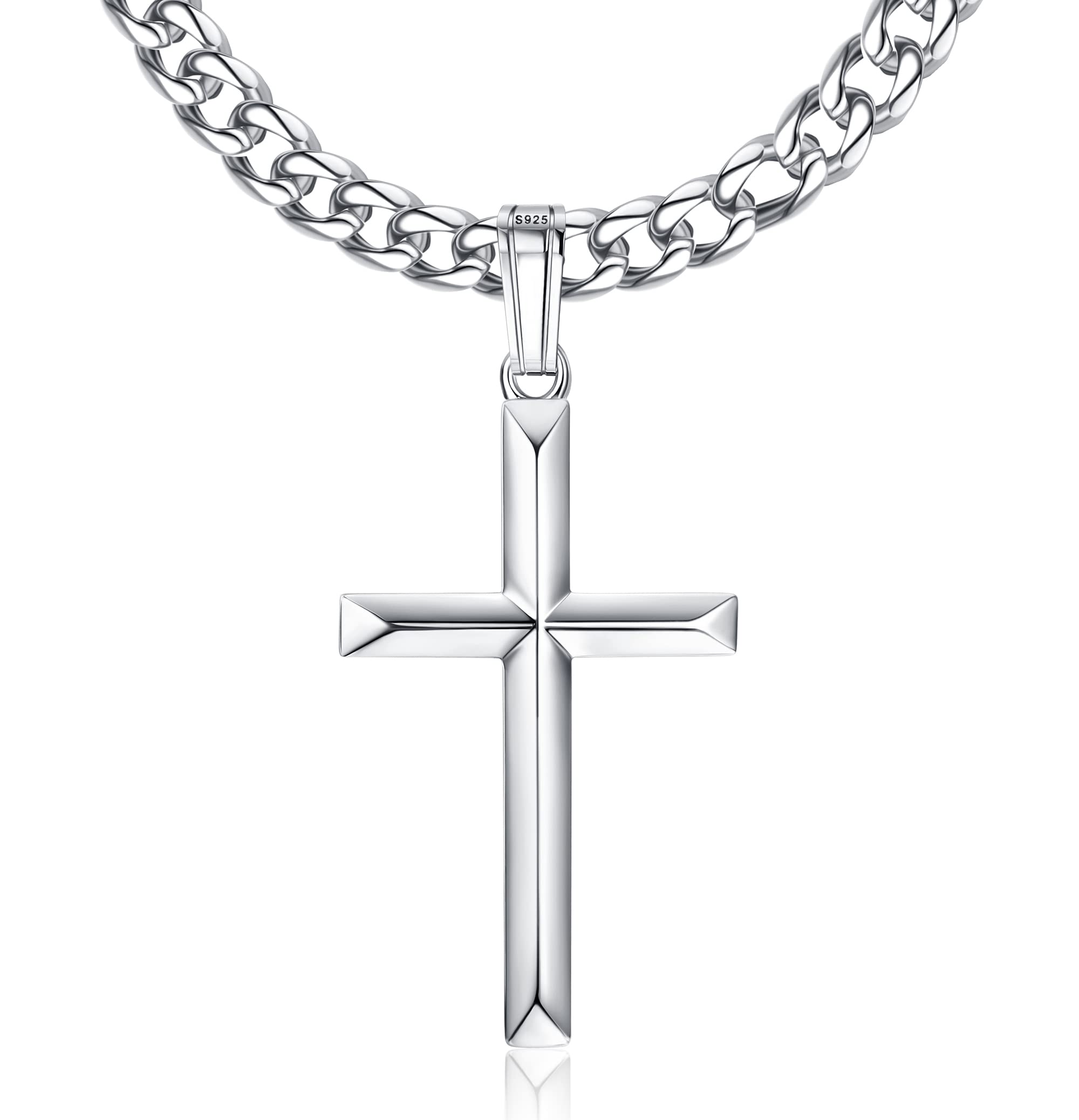 925 Sterling Silver Cross Necklace for Men with Stainless Steel Silver Cuban Chain Cross Pendant Necklace for Women Religious Gifts Jewellery 18" 20" 22" 24" 26" 30"