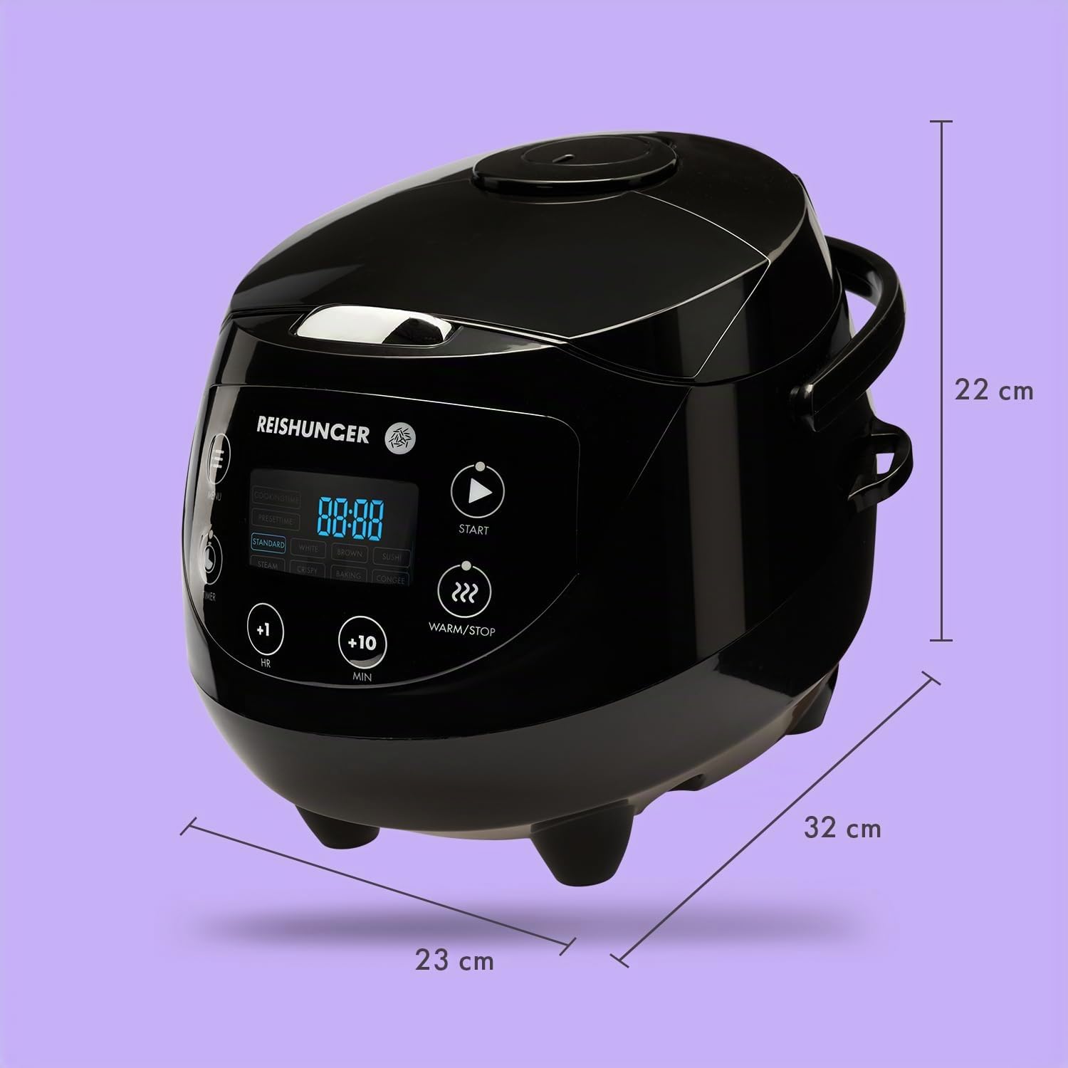 Reishunger Mini Olla Arrocera Eléctrica y Vaporera en Negro hasta 3 Personas (0.6 l) – Hervidor de Arroz con 8 Programas - Con Pantalla LED y Función Automática de Mantenimiento del Calor