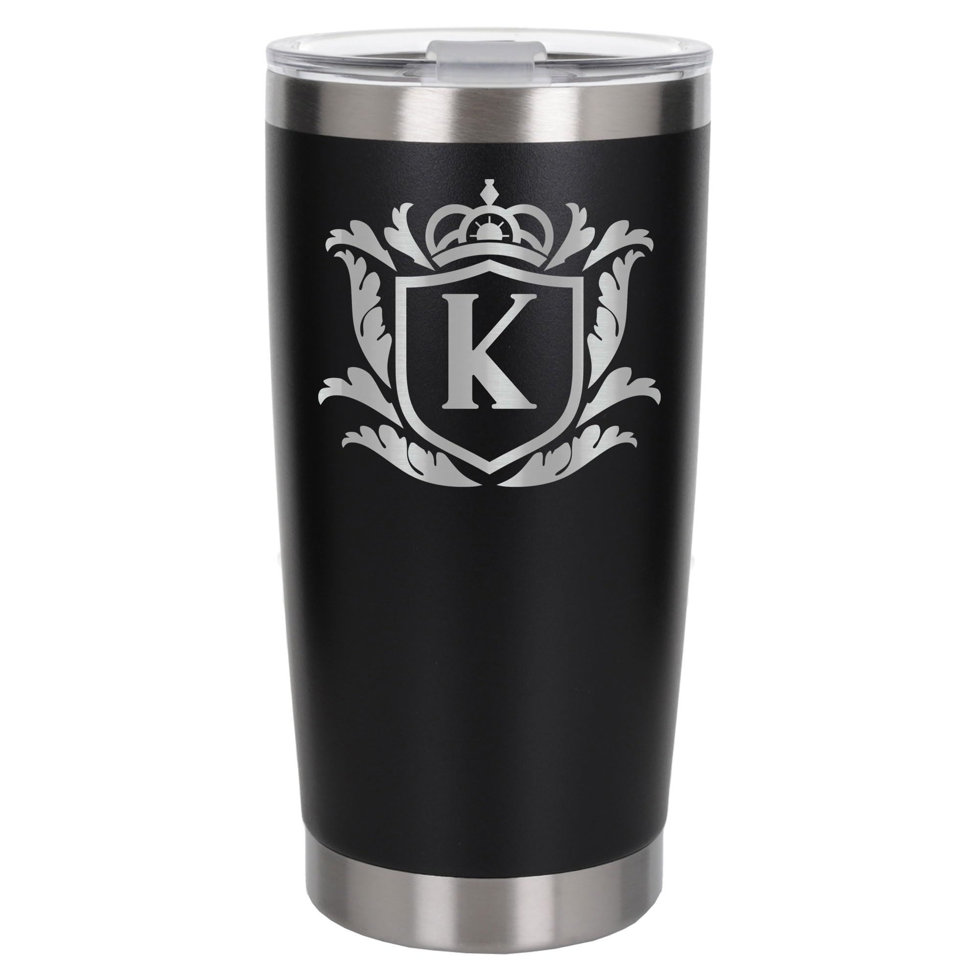 Customised Gifts 500ml Engraved Shield Initial Monogram Insulated Personalised Black Travel Mug for Men and Women - Personalised Initial Coffee Travel Mug for Hot and Cold Beverages, Letter K