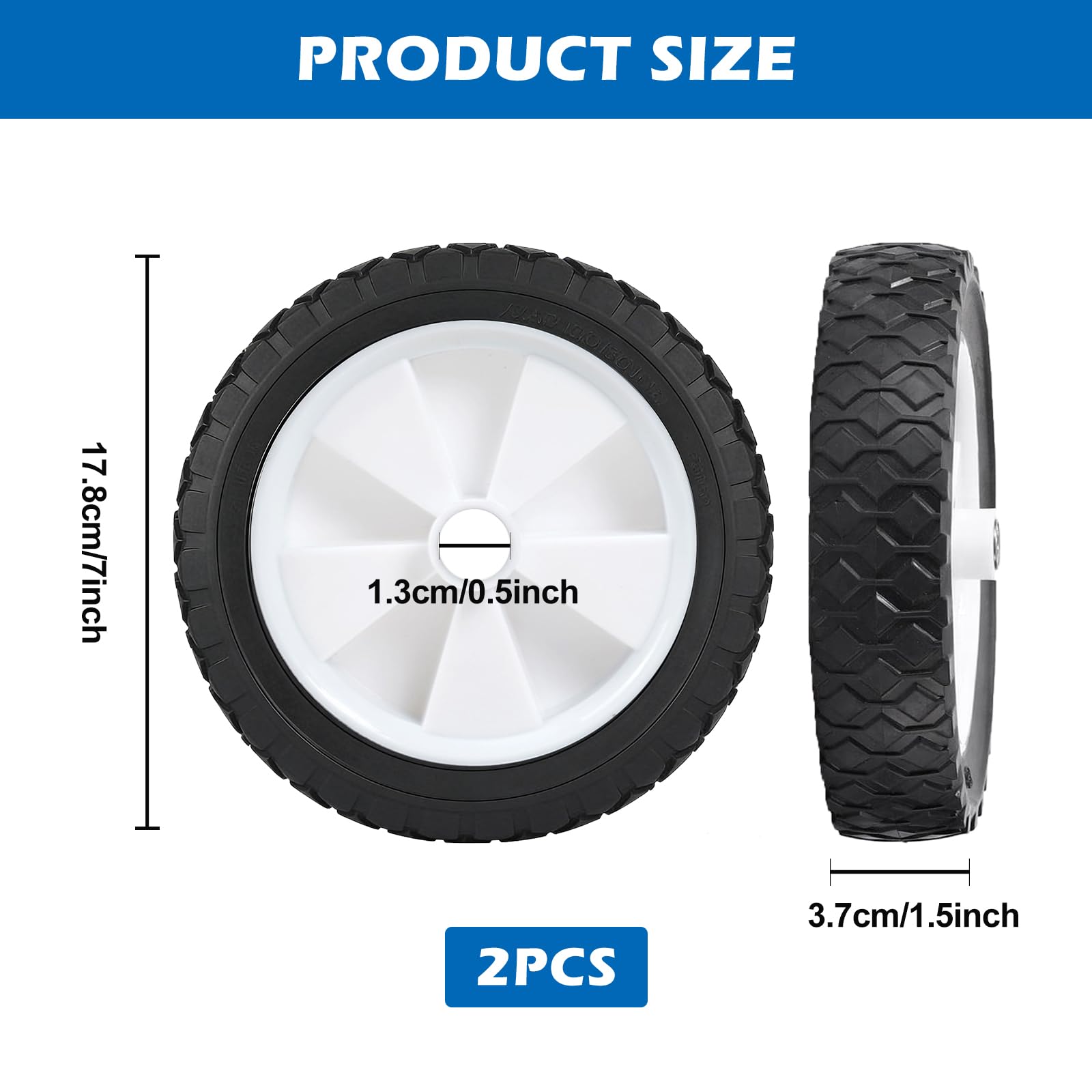 2 ruedas de goma, ruedas de goma de 175 mm de diámetro, rueda de repuesto de 7 pulgadas, eje de 13 mm, ancho de 35 mm, rueda de plástico para barbacoa, carro, tractor cortacésped, remolque