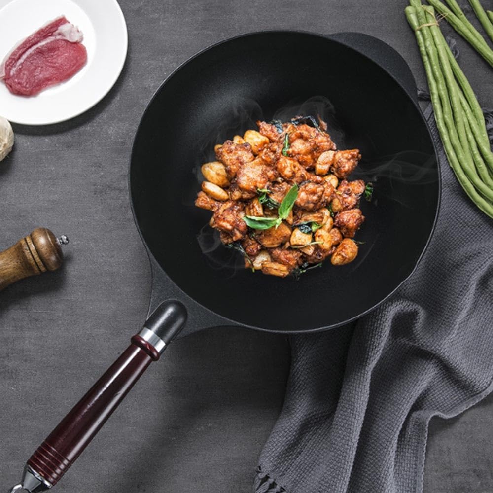 Padella Wok Antiaderente con Coperchio, Padella Wok Antiaderente in Lega di Alluminio da 13,4 Pollici, Padella Piatta con Rivestimento in Granito con Manico ergonomico e Perline,