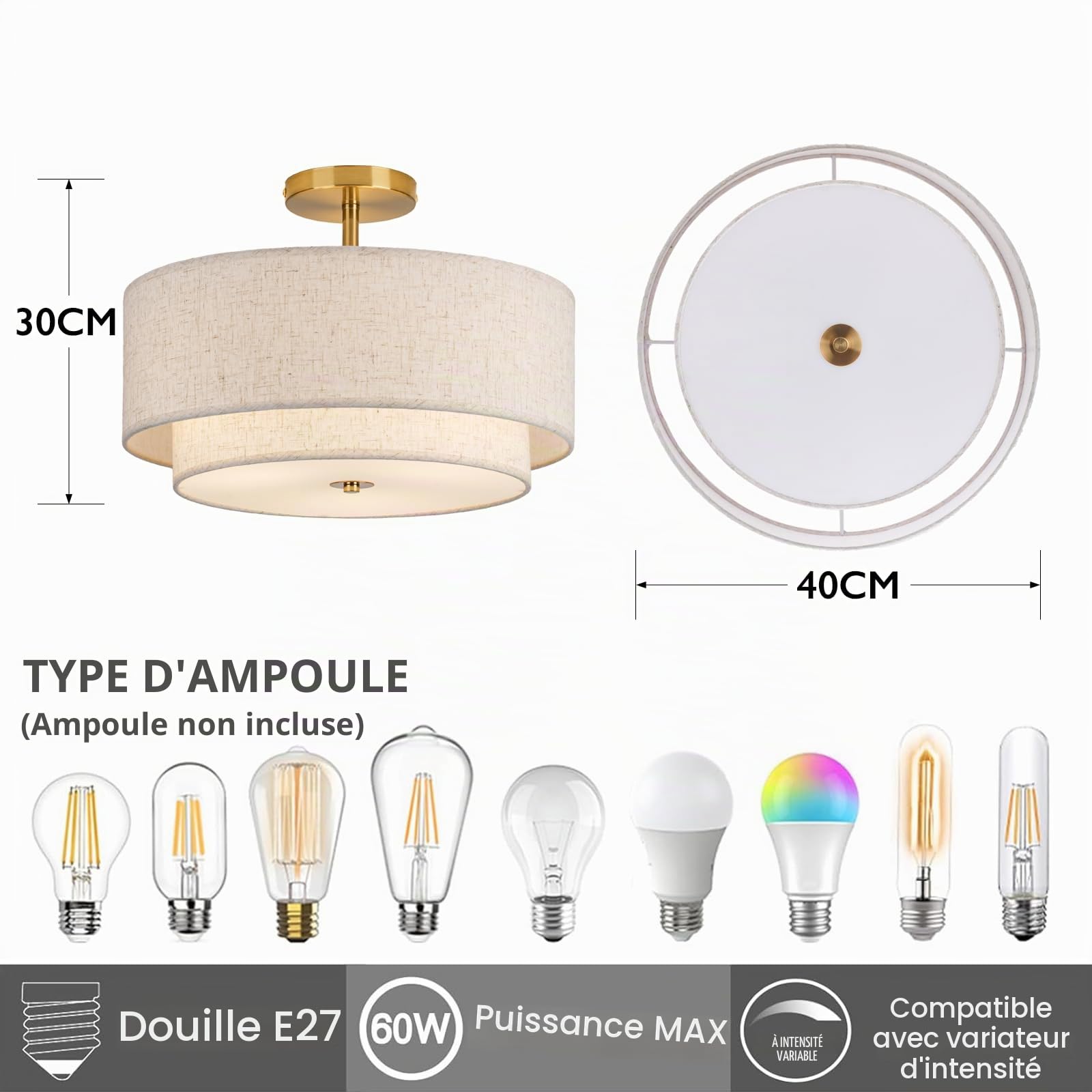 CALOKES Plafonnier tissu beige rond Ø40cm – Lampe de plafond dimmable E27 avec monture en métal doré pour salon, chambre, cuisine, couloir, chambre enfant – Lumière douce et style moderne