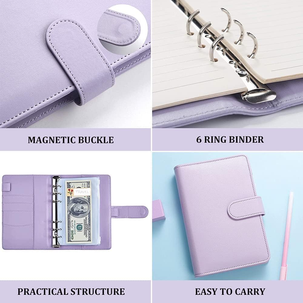Lampostick Budget Binder,Money Saving Binder with Zipper Envelopes Cash Envelopes and Expense Sheets for Budgeting 12PCS A6 Binder Pockets Leaf Bags Cash Budget Envelopes System (Purple) (Pack of 1) 4