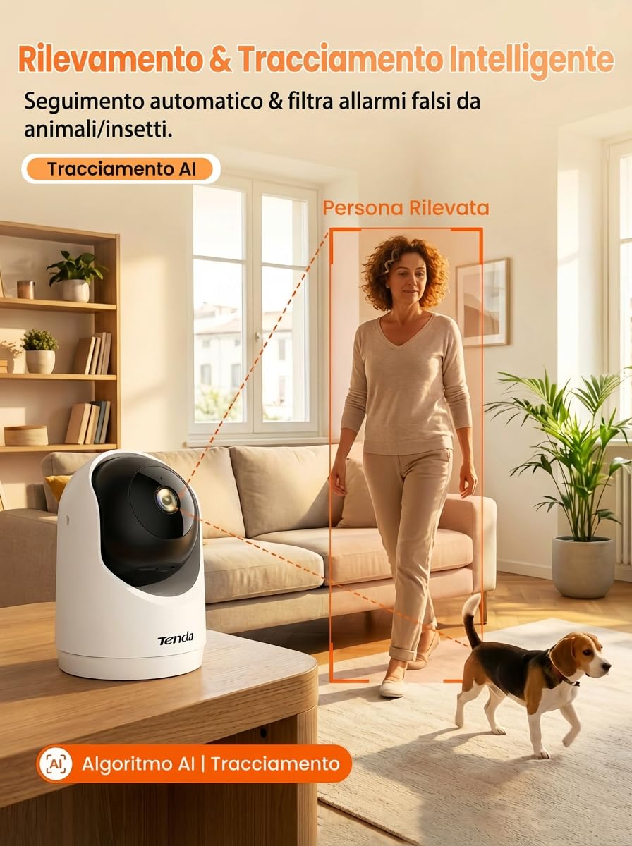 Tenda Telecamera Wi-Fi Interno 2K, WiFi 6 360° per Bambini/Animali, 3MP Visione Notturna, Rilevamento Umano AI, Audio Bidirezionale, No Abbonamento Obbligatorio, CP3