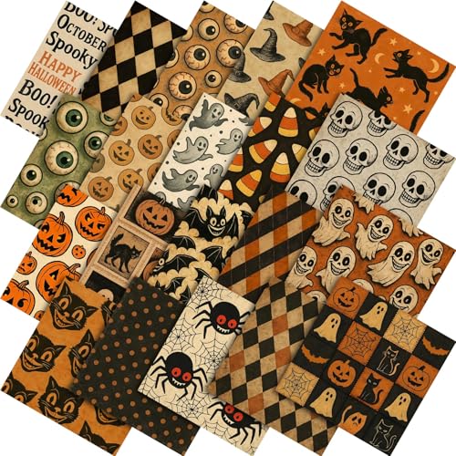Tudomro 60 Pcs Vintage Halloween Quilting Fabric Squares 10 x 10 Inch Spooky Ghost Skull Eyeballs Pumpkins Fabric Bundles Gothic Fat Quarters Precut Patchwork Material for Sewing Craft Supplies
