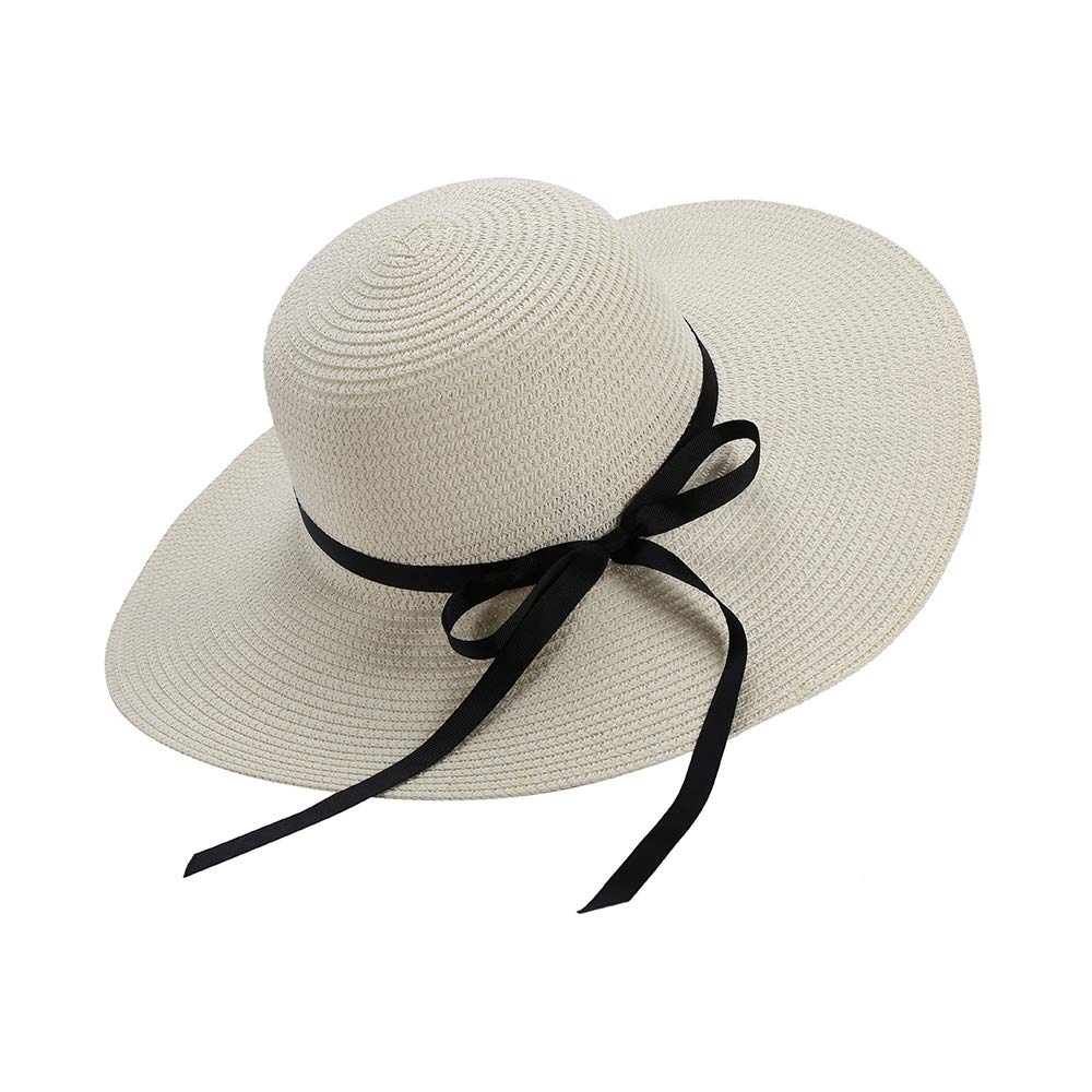 Moxamo Women's Straw Hat Summer Bowknot Beach Foldable Hats UV Protection UPF50+ Wide Brim Floppy Ladies Men Straw Sunhat Packable Holiday Beach Accessories (White)