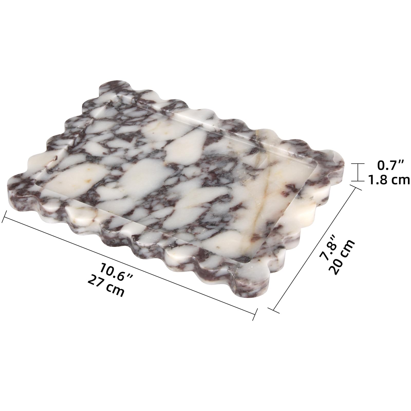 Bandeja de Mármol Natural Ondulada Lujo Bandeja de Baño Organizador para Tocador, Pañuelos, Velas, Toallas, Cosméticos, Cocina, Perfumes, Llaveros (Calacatta Púrpura, 27 x 20 cm)