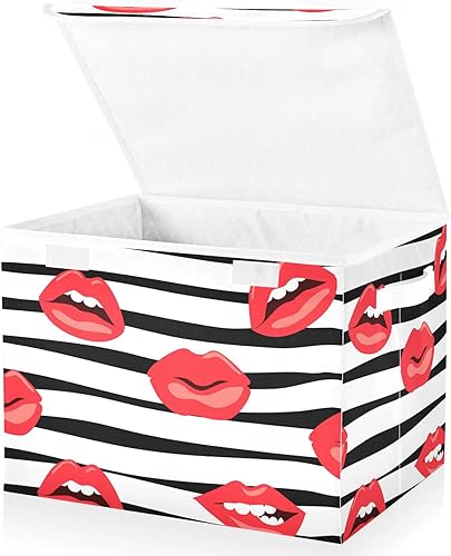 Miniatura 2 de susiyo Black White Stripes Lips Lidded Home Storage Bins Foldable Storage Cubes Organizer for Home Office Closet Shelves Nursery Toys Towels