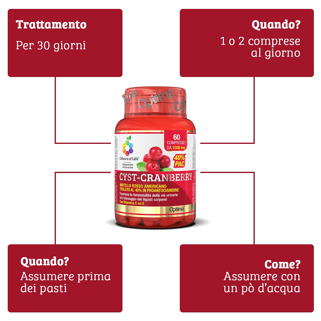 Colours of Life Cyst Cranberry - Integratore di Frutti di Mirtillo Rosso - per la Funzionalità delle Vie Urinarie e il Drenaggio dei Liquidi - Senza Glutine e Vegano, 60 Compresse