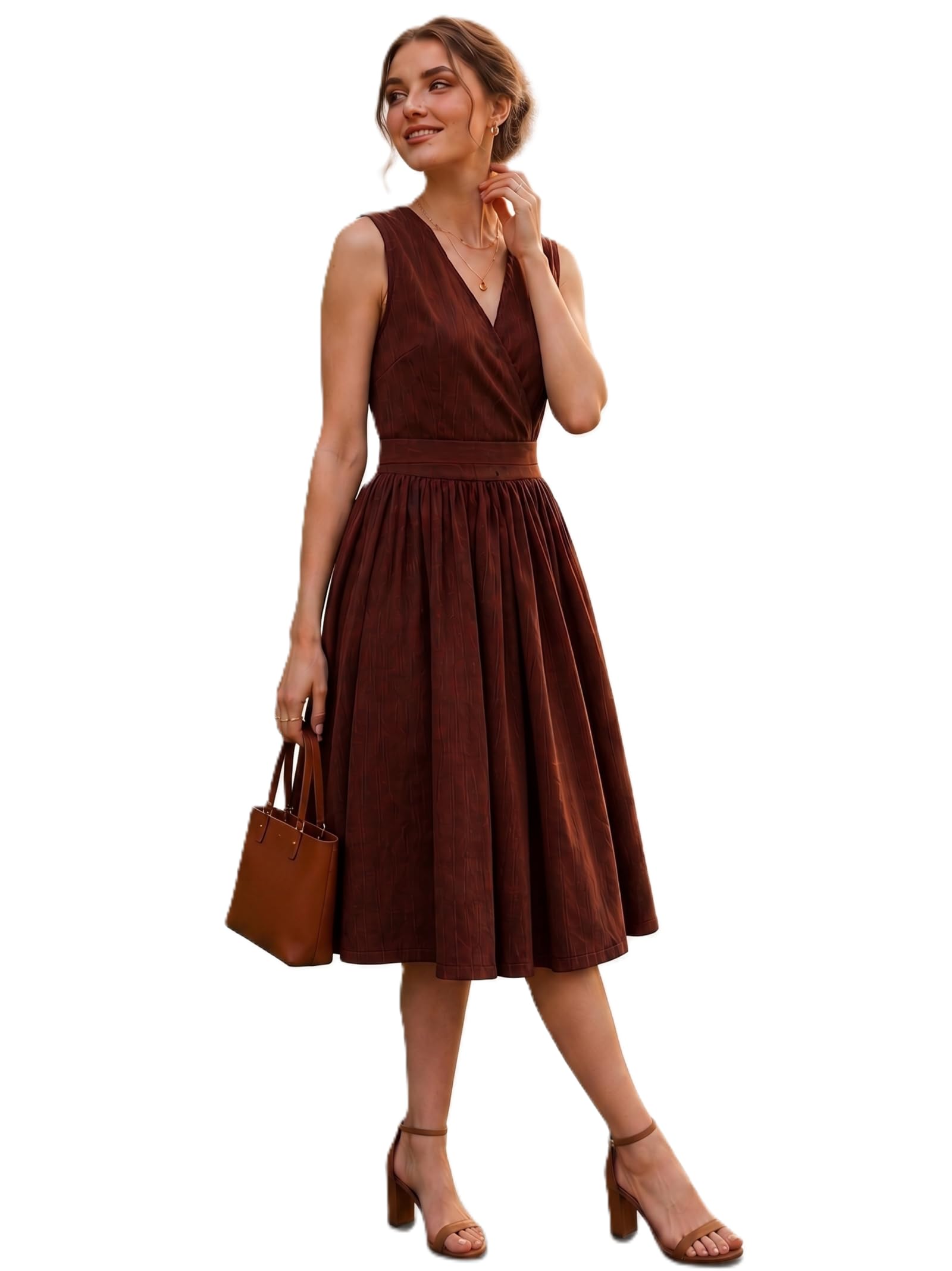 Dress for Women | Women Sleeveless Dress | Stylish V Neck Midi Flared One Piece | Trendy Ladies Elegant Western Outfit | Comfortable Casual Gown | Modern Girls Apparel (48-D)-image-3