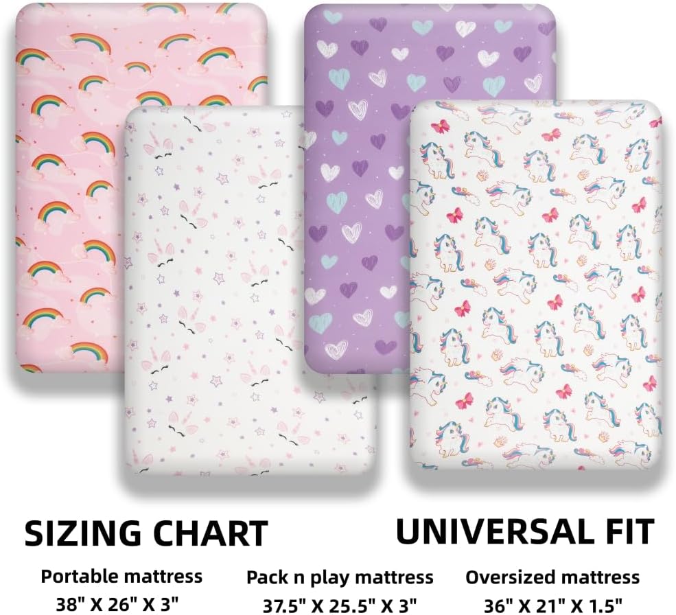 4 Pack Soft Baby Girl N Play Sheets for Mini Crib Mattress Unicron Rainbow Heart Cute Neutral Polyester Unisex Fitted Mini Crib Sheets Set for Baby Girls