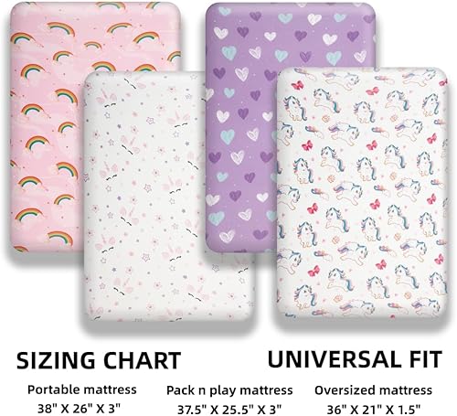 Miniatura 7 de Paquete de 4 sábanas suaves para bebé niña N Play para colchón de cuna, diseño de corazón de arco iris, lindo poliéster neutro, unisex, juego de