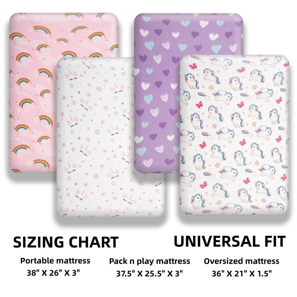 Paquete de 4 sábanas suaves para bebé niña N Play para colchón de cuna, Unicron arco iris, corazón, lindo poliéster neutro, unisex, juego de sábanas bajeras para cuna para bebés y niñas