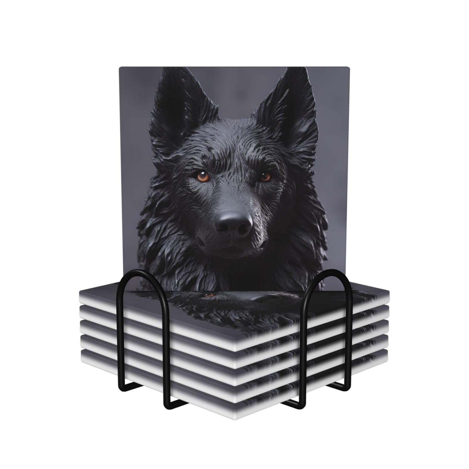 6Pcs Ceramics Coaster for Drinks, Black German Shepherd Cup Coasters with Holder, Aesthetic Drink Coasters for Coffee Table, Absorbent Round Coaster for Tabletop Protection 4" Cup Mat Pad