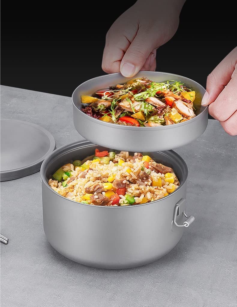 900ML Pure Titanium Double Layer Lunch Box Round Camping Portable Lunch Box 1PC (2pcs)