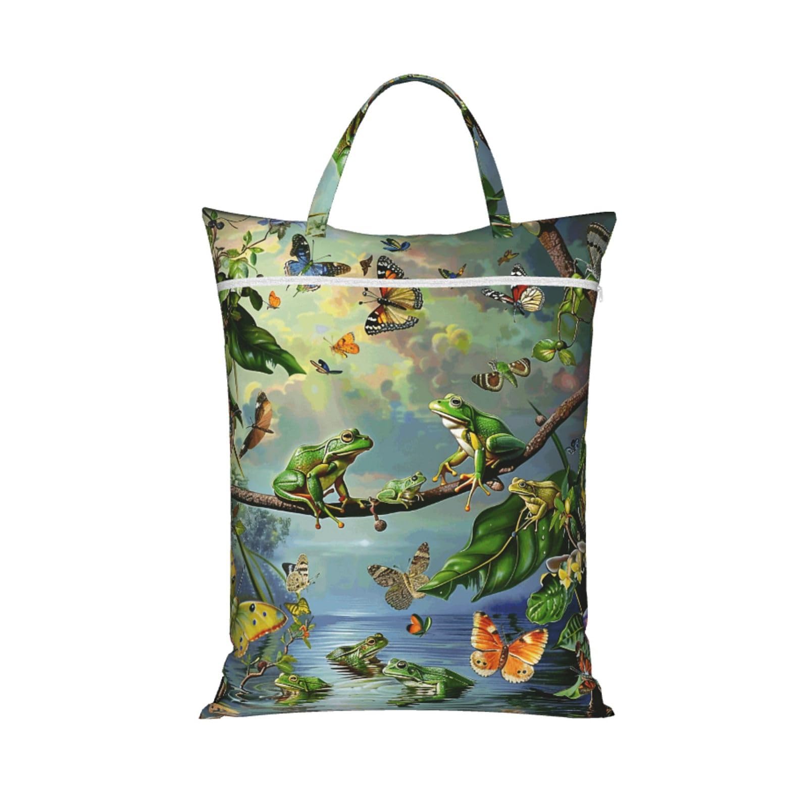 Large Travel Laundry Bags,Many Frogs Sing on The Branches Summer Butterflies Print with Handle Foldable Laundry Bag for Holidays Gym Swimming and Family Trips, 1Pcs