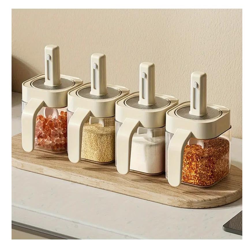 Mr.Gadget's Solutions 4 Pack Glass Seasoning Jars with Retractable Spoon and Lid, Air-Tight Seasoning Containers Spice Jars,Sugar Container Salt Cellar Box, Condiment Containers with Lids