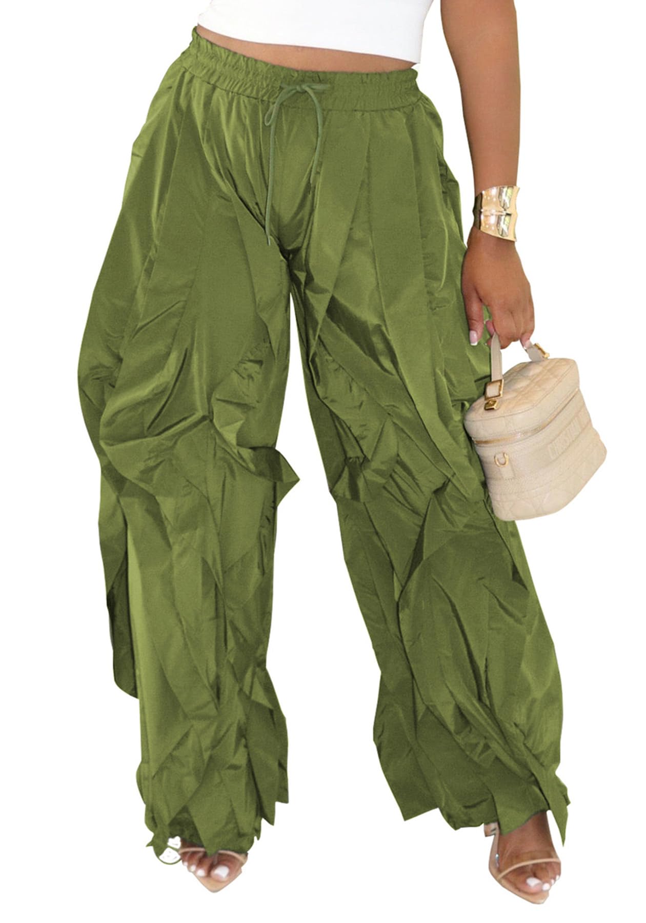 Women Baggy Barrel Pants Drawstring Ruffle Fringe Lantern Wide Leg Casual Trendy Jogger Sweatpants