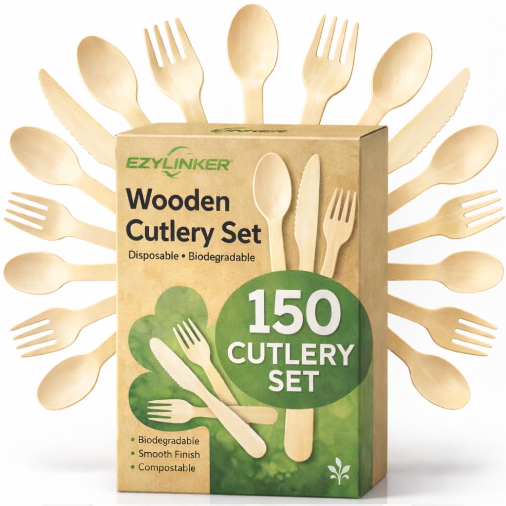 (150 Stück) Einweg-Besteck-Set aus Holz – Alternative zu Kunststoffbesteck, umweltfreundlich, biologisch abbaubar, 50 Holzmesser, 50 Holzgabeln Einwegutensilien