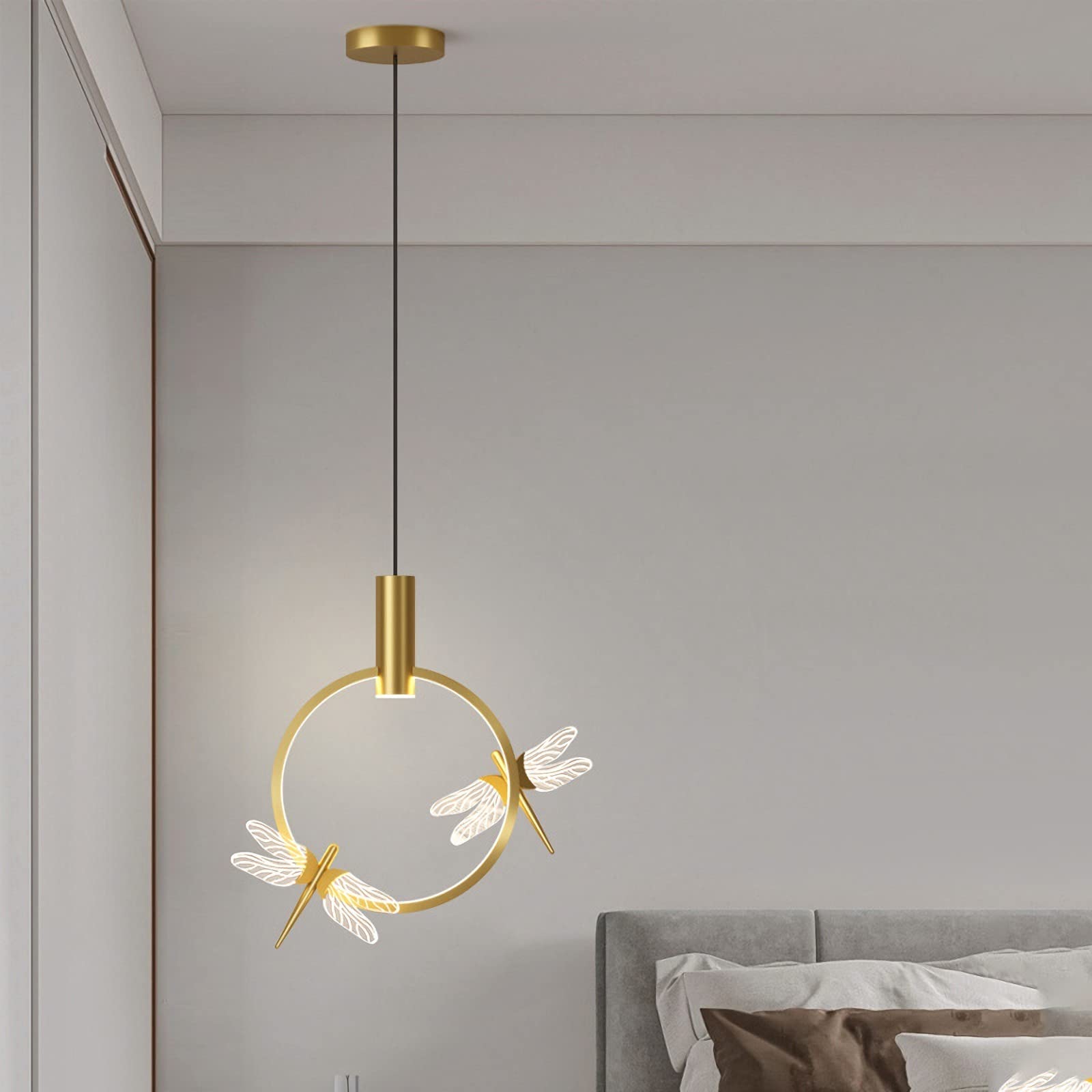 Lamp Lampadario da Comodino a LED Dorato a Forma di Farfalla, Elegante e Creativo, con Corpo in Metallo, Lampada a Sospensione, Luce a Goccia for Cucina, Sala Pranzo, Camera Letto Lampada