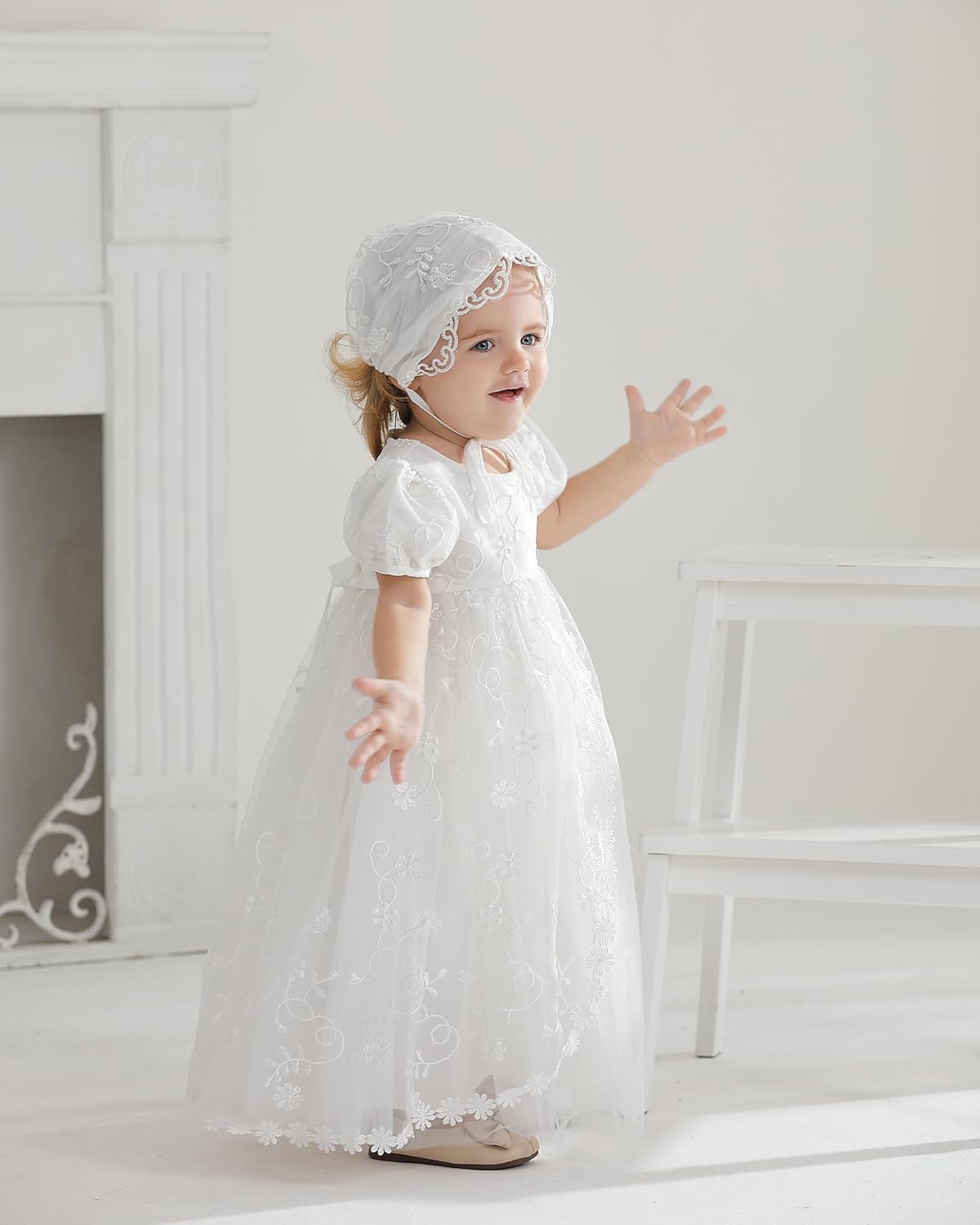 Baby Girls Christening Baptism Dresses White Lace Newborn Gown Outfit for Formal Party Infant