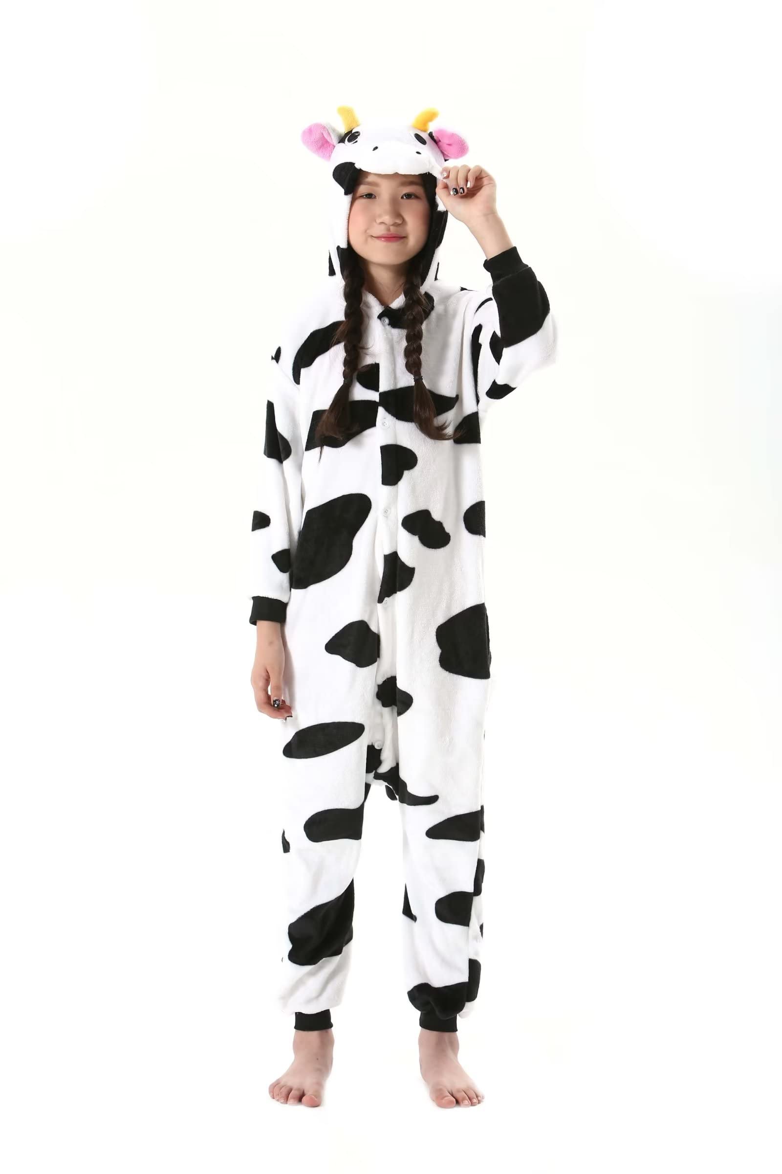DarkCom Animal Onesie for Kids,Flannel Cosplay Cow Halloween Costume Parent-Child Sleepwear for Girls Boys 8-9 Years - Image 2
