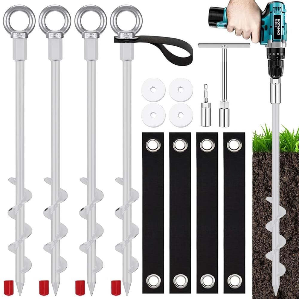 4 Stück Zeltheringe,36CM Metall Heringe Zelt,Schraubheringe Camping mit Fester Schlaufenband,Zeltheringe zum Schrauben,Metall Bodenanker für Trampolin,Camping,Hund,Schaukel,Carport,Schuppen