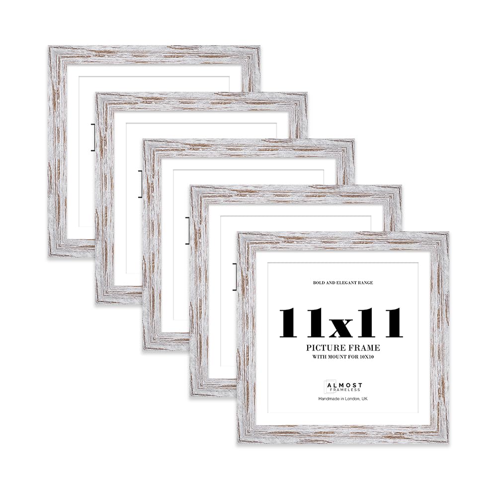 11x11" Distressed Wood Square Frame With Mount for 10x10" Pictures 28mm Edge Frame Display with Wall Hooks and Kickstand, 5 Pack