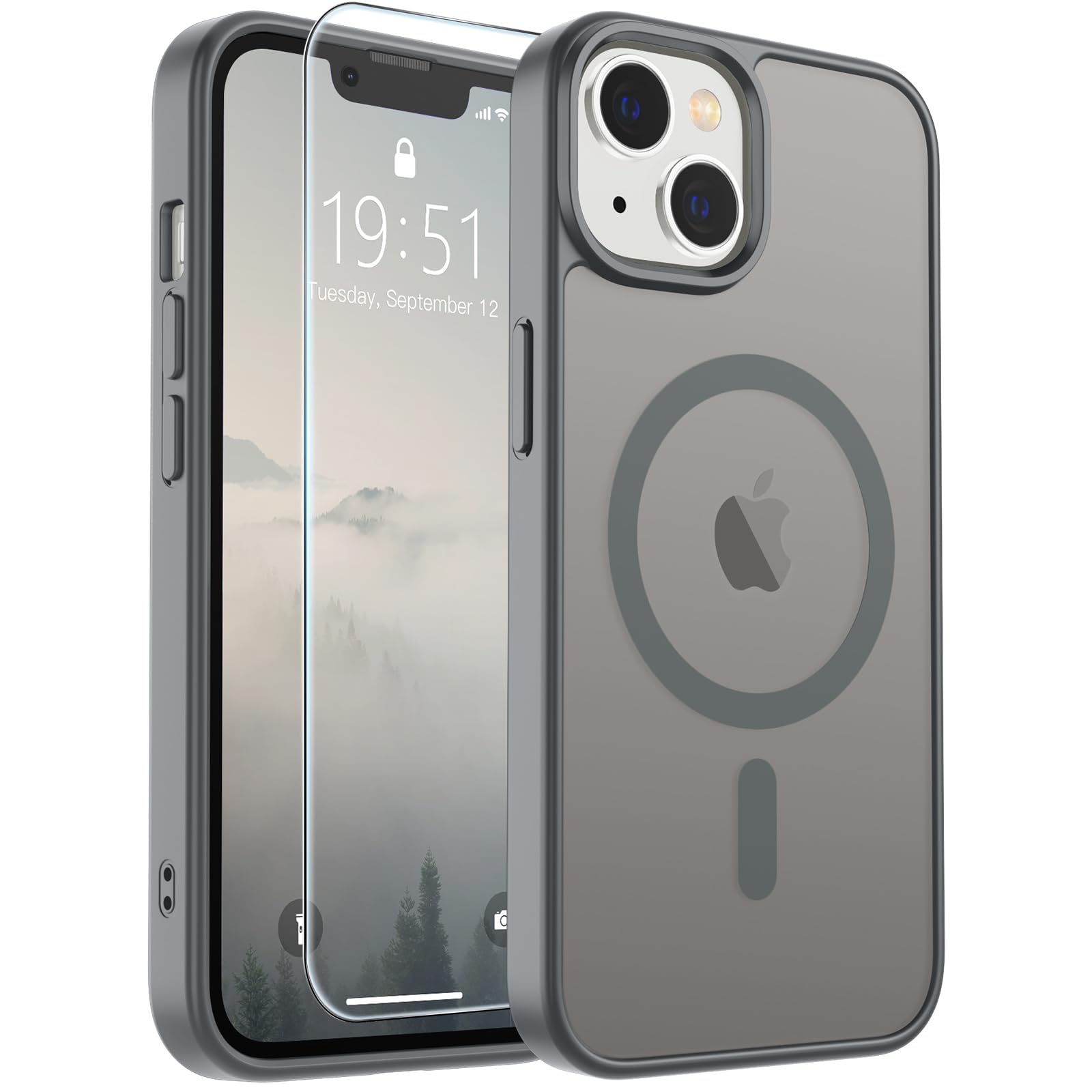 SUPFINE Magnetic for iPhone 14 Plus Case/iPhone 15 Plus Case Gray | With Screen Protector, Translucent Matte, Compatible with MagSafe, Military Grade Drop Proof, Rugged Shockproof Protective