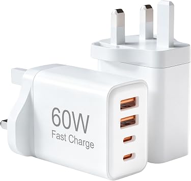 USB C Plug Fast Charger 60W 2pack, 4-Port USBC Fast Chargers UK Plug Dual Port PD Power Adapter QC Multi Mains Wall Charger Type C Charging Head for lPhone 17/16/15/14 13/12/11 Pro Max Plus XS XR SE