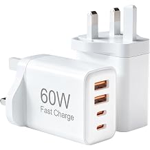 USB C Plug Fast Charger 60W 2pack, 4-Port USBC Fast Chargers UK Plug Dual Port PD Power Adapter QC Multi Mains Wall Charger Type C Charging Head for lPhone 17/16/15/14 13/12/11 Pro Max Plus XS XR SE