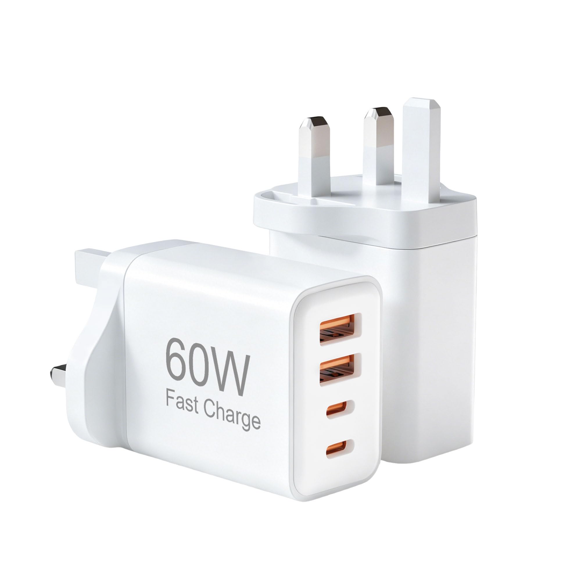 USB C Plug Fast Charger 60W 2pack, 4-Port USBC Fast Chargers UK Plug Dual Port PD Power Adapter QC Multi Mains Wall Charger Type C Charging Head for lPhone 17/16/15/14 13/12/11 Pro Max Plus XS XR SE