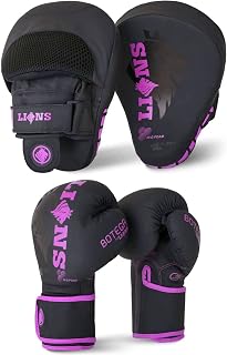 Lions Focus Pads and Gloves Set Boxing MMA Punch BagTraining Hook & Jab Punching Mitts Curved (Botega-Pink, 8oz)