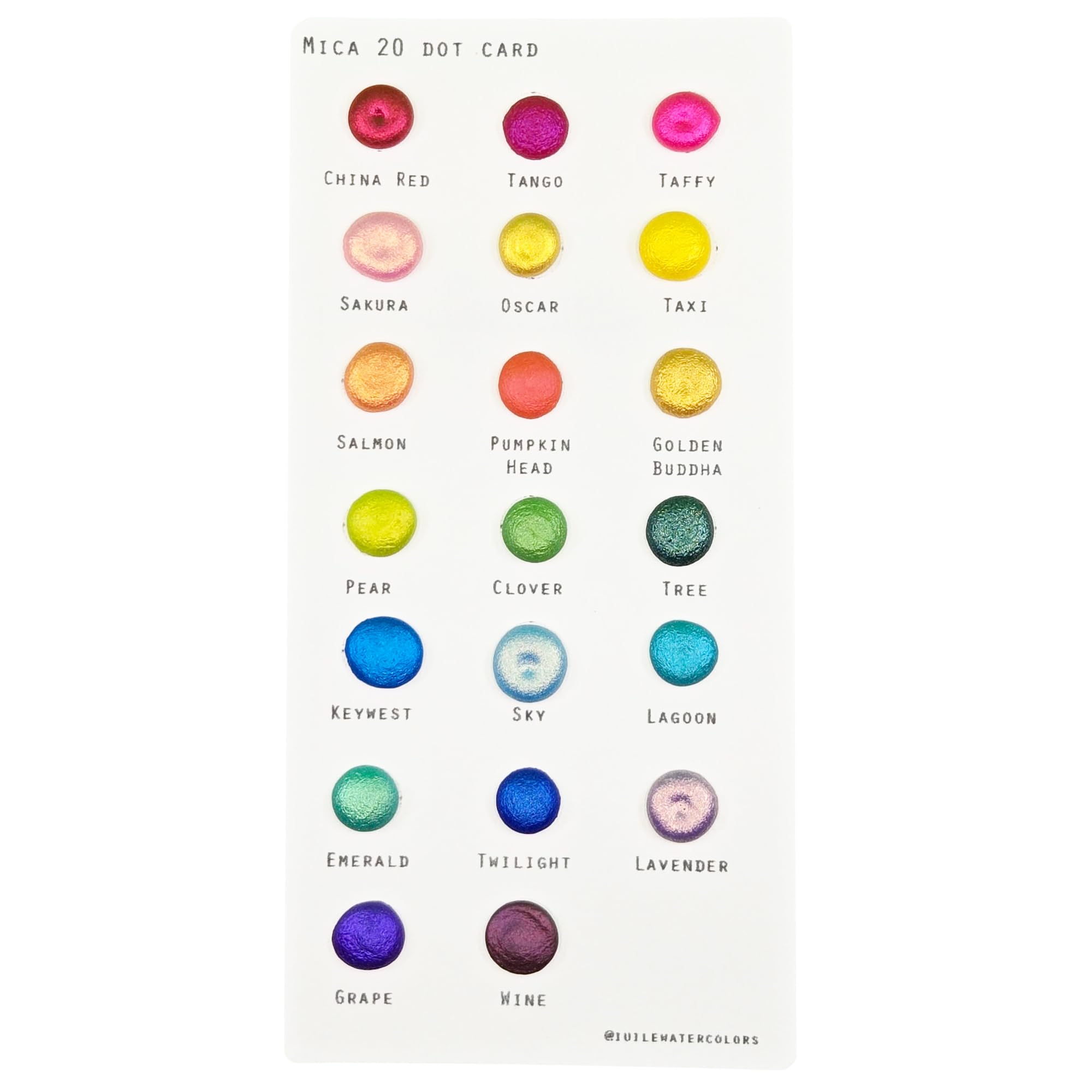 Handmade Watercolor Paints - Mica 20 Dot Card (20 colors). Metallic, Shiny, Shimmer