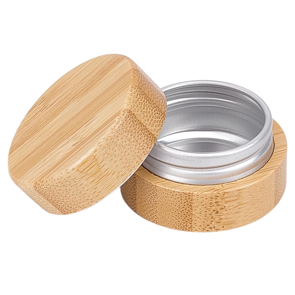 MAYJOYDIY 10ML Empty Refillable Cosmetic Jars with Bamboo Shell Aluminum Tin Jar with Screw Cap Smooth Wooden Cream Container Empty Sample Jar for Travel Storage Cosmetic Lip Balm Cream