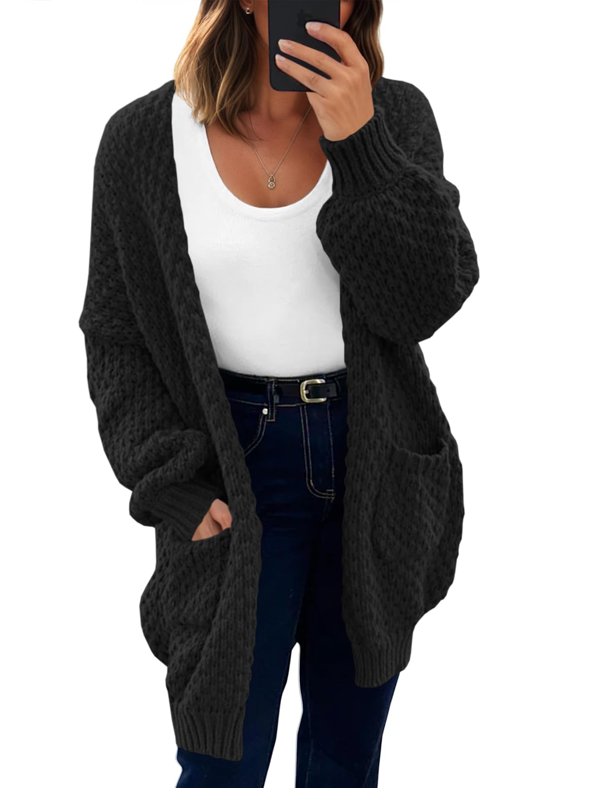 Saodimallsu Womens Oversized Open Front Cardigans Fall Chunky Knit Lantern Long Sleeve Sweater Coats with Pockets