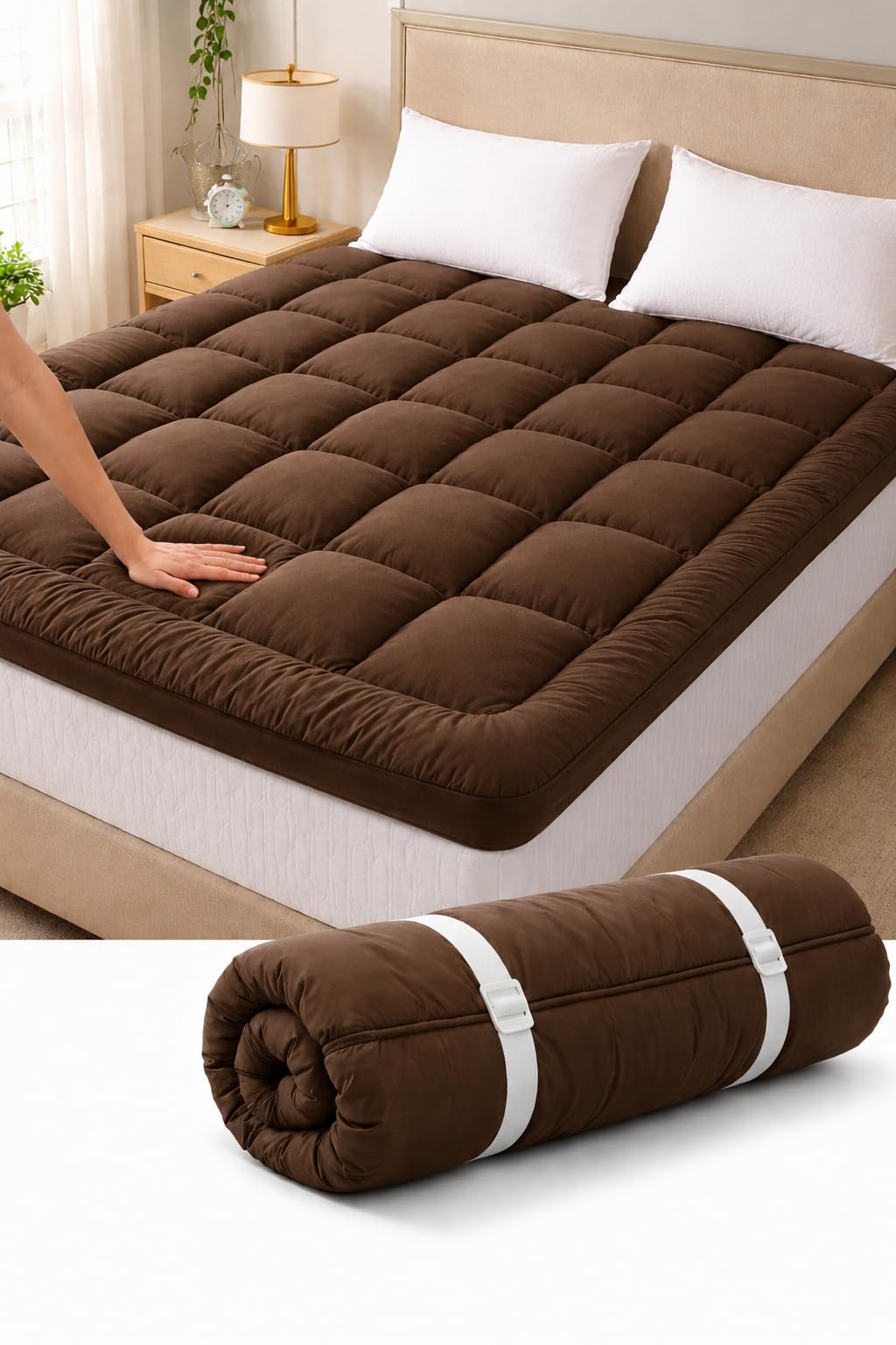 1200GSM Hollow Fibre Mattress Padding/Topper Brown for Twin Bed-48 Inch X 75 Inch-image-14