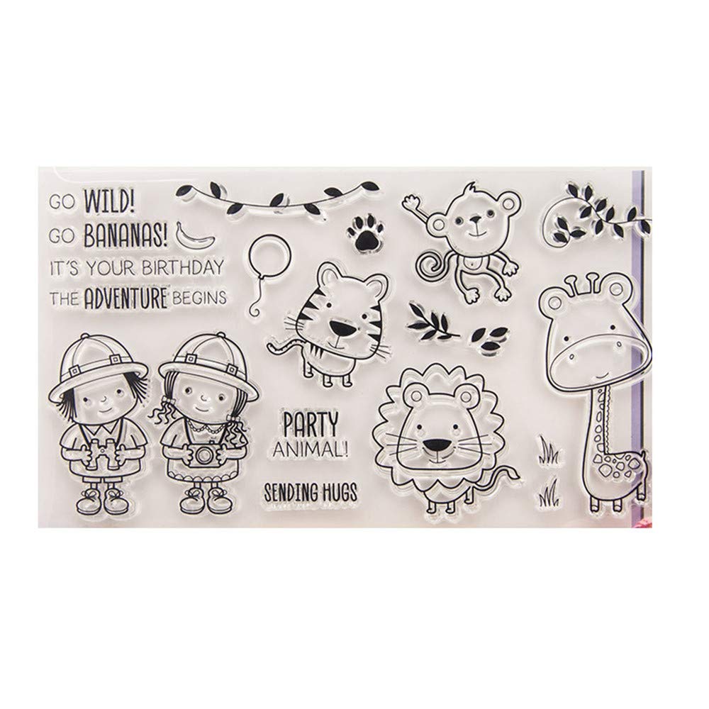 Adventure Go Wild Birthday Sending Hugs Party Animals Tiger Lion Monkey Giraffe Clear Stamp for Card Making Decoration and DIY Scrapbooking