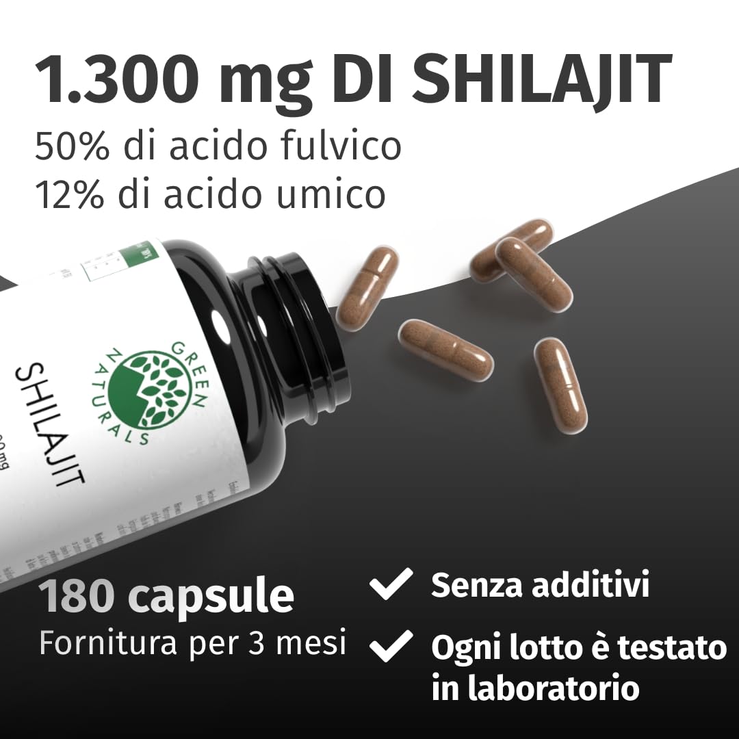 Green Naturals® Shilajit Himalaya Originale – 1.300 mg per dose giornaliera (estratto 10:1) – 50% acido fulvico & 12% acido umico – Scorta 3 mesi – 180 capsule