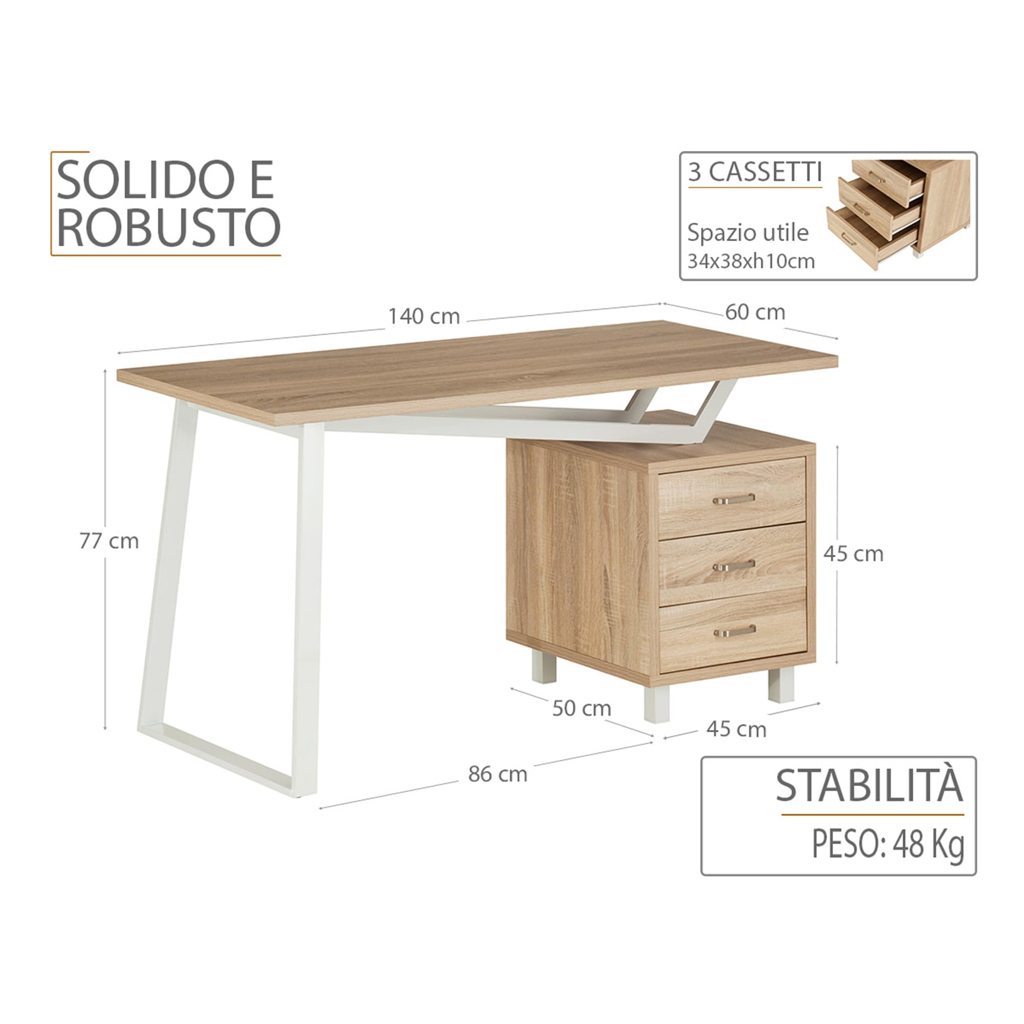 yelloo - Scrivania con Cassetti Salvaspazio, Scrivania Ufficio per Computer, Adatta per Cameretta, Scrivanie dal Design Moderno ed Elegante, Tavolo Ufficio Porta PC (Mod. ELEGANT Quercia)