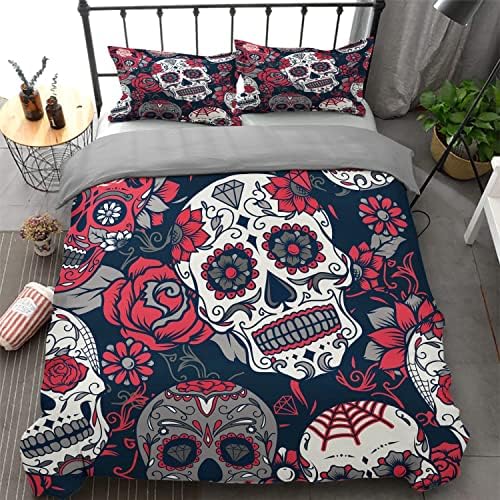 Sugar Skull Bedding Duvet Cover Red Sunflower and Skull Printed Bedding Quilt Cover for Halloween Gothic Skeleton Skull Floral Bedding Set with 2 Pillowcases King Size 230X220cm